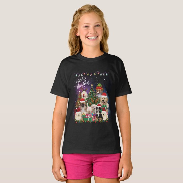 Camiseta Cães Feliz Natal Luz (Frente Completa)