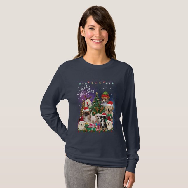 Camiseta Cães Feliz Natal Luz (Frente Completa)