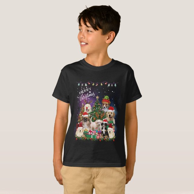Camiseta Cães Feliz Natal Luz (Frente Completa)