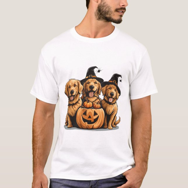 Camiseta Cães Golden Retriever de Halloween com Abóbora de  (Frente)