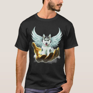 Camiseta Cães Guardiões Anjo Asas Céu Mão Dourada Husky