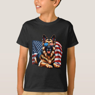 Camiseta Cães Pastor Alemão Bandeira Dos EUA Patriótico Sun