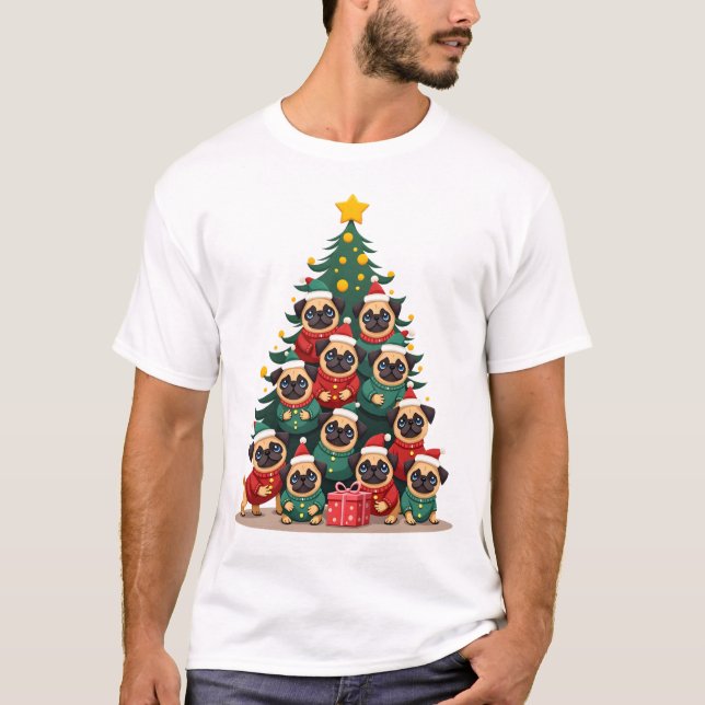 Camiseta Cães Pug Árvore de Natal Natal Bonito (2) (Frente)
