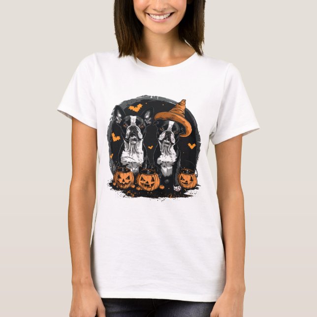 Camiseta Cães Terrier de Boston Halloween (Frente)