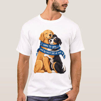 Camiseta Cães Tocantes Abraçados por um Cachecol Azul