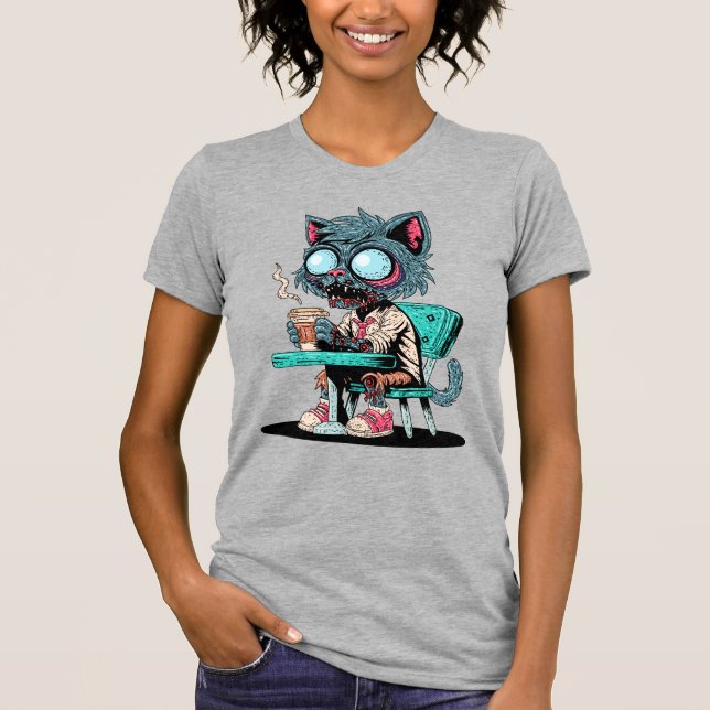 Camiseta Café Adorando Gato Zombie (Frente)