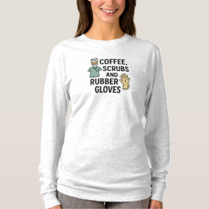 CAMISETA CAFÉ, ARMADILHAS E LUVAS DE BORRACHA