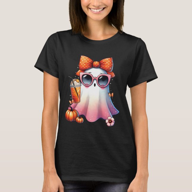 Camiseta Café Bebendo Fantasma Bonito Com Arco De Halloween (Frente)