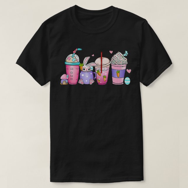 Camiseta Café Copos Laterais Estilo Retro Coelhos Ovos Pásc (Frente do Design)