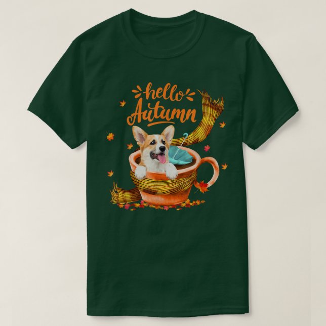 Camiseta Café de Corgi Bonito Alô Outono (Frente do Design)