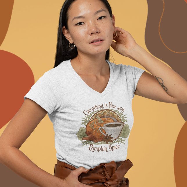 Camiseta Café de Especiaria Abóbora (Pumpkin Spice Coffee T-shirt - Vintage Style and Art Nouveau Inspired Design)