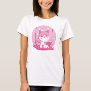 Camiseta Café de Gato Cor-de-Rosa, Bebida Cafeína Nadadora 