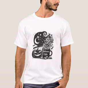 Camiseta Café de Halloween Preto e Branco Feitiçaria Brew C