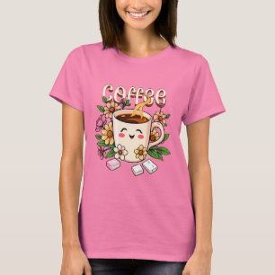 Camiseta Café e Flores de Kawaii, Retro, Cute