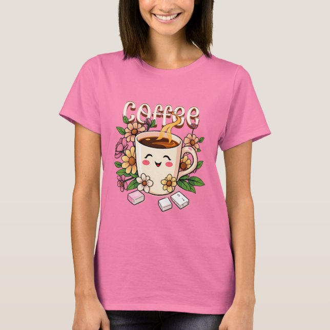 Camiseta Café e Flores de Kawaii, Retro, Cute (Frente)