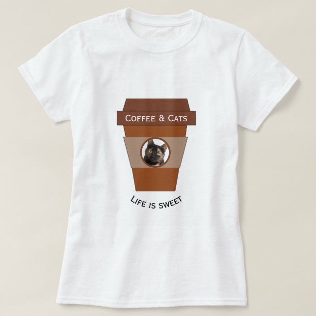Camiseta Café e gatos personalizáveis - A vida é doce (Frente do Design)