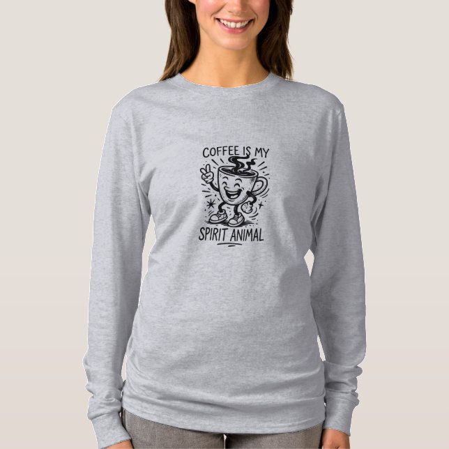 Camiseta Café é Minha Espírito Animal Mulher de Longa Folha (Frente)