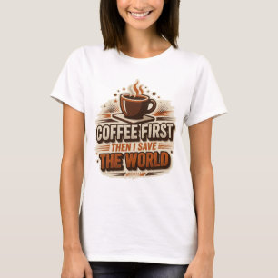 Camiseta CAFÉ FRESH PRIMEIRO ENTÃO SALVE O MUNDO Moda Arte