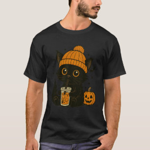 Camiseta Café Gelado Engraçado Gato Preto Fofinho Hallow