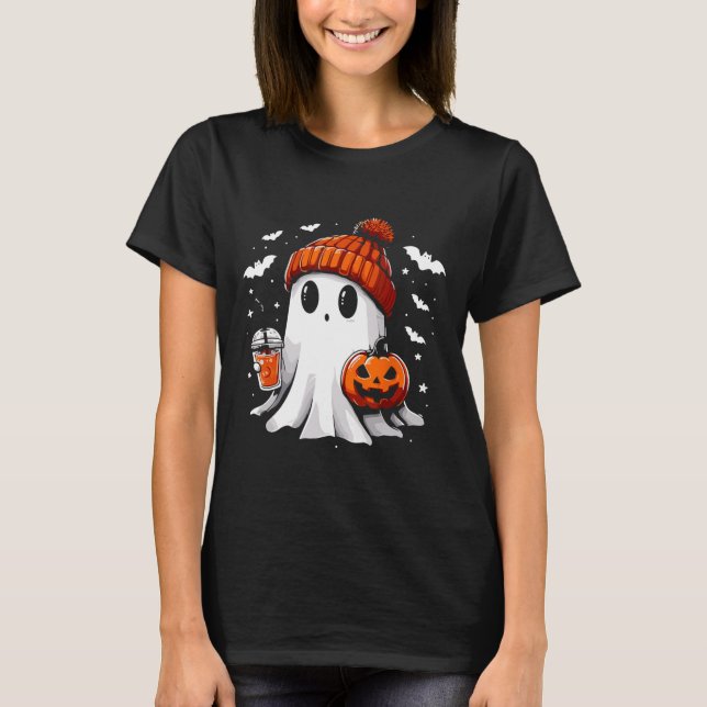 Camiseta Café Ghost Ghost Bebendo Bonito Café Halloween Caf (Frente)