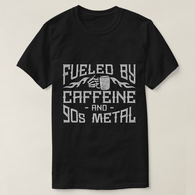 Camiseta Café Heavy Metal Alimentado Pela Cafeína E Metades (Frente do Design)