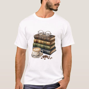 Camiseta Café Mágico e Pilha de Livros Antigos Aquarela