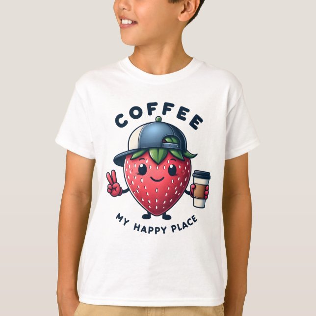 Camiseta Café: Meu Lugar Feliz - Morango Legal (Frente)