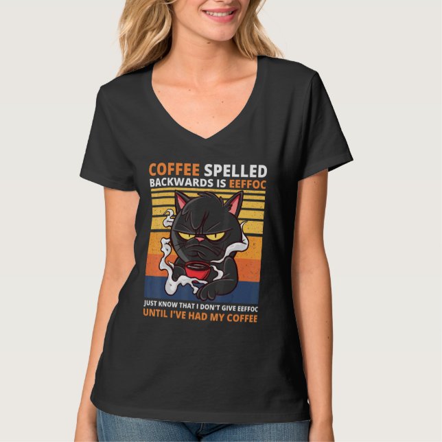 Camiseta Café Ortografado Para Trás É Bebida Gata Preta Eef (Frente)