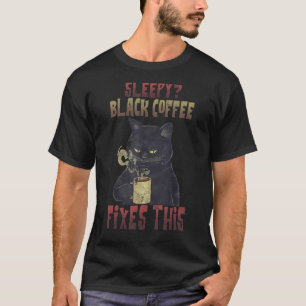 Camiseta Café Preto Sonolento Fixou Este Bebendo De Gato