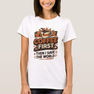 Camiseta CAFÉ PRIMEIRO ENTÃO SALVE O MUNDO Criativo Express
