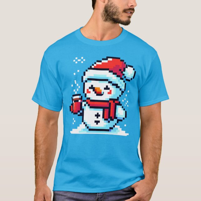 Camiseta Café Snowman - Design de Natal Cozy Pixel Art (Frente)