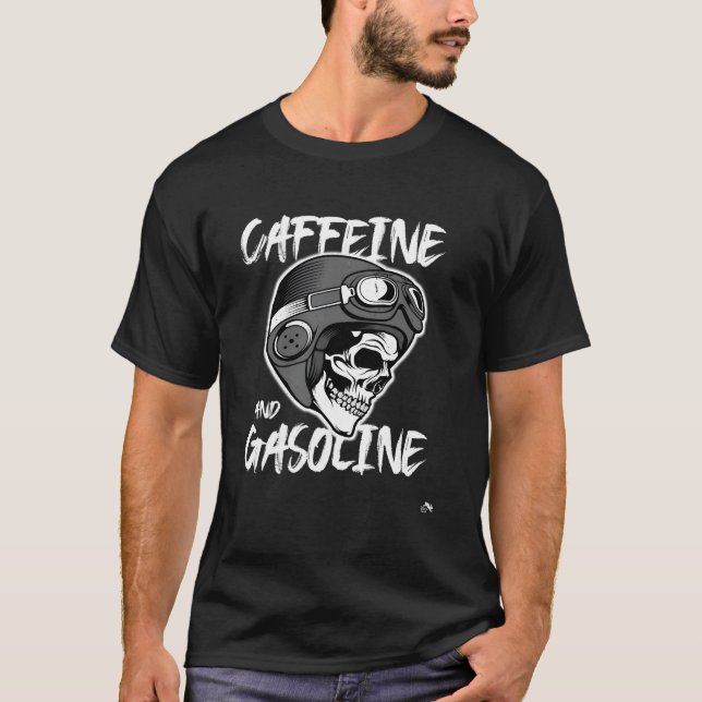 Camiseta Cafeína E Gasolina - Capacete De Crânio - Corrida (Frente)