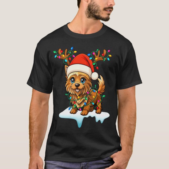 Camiseta Cairn Terrier Christmas Santa Hat Reindeer Lights  (Frente)