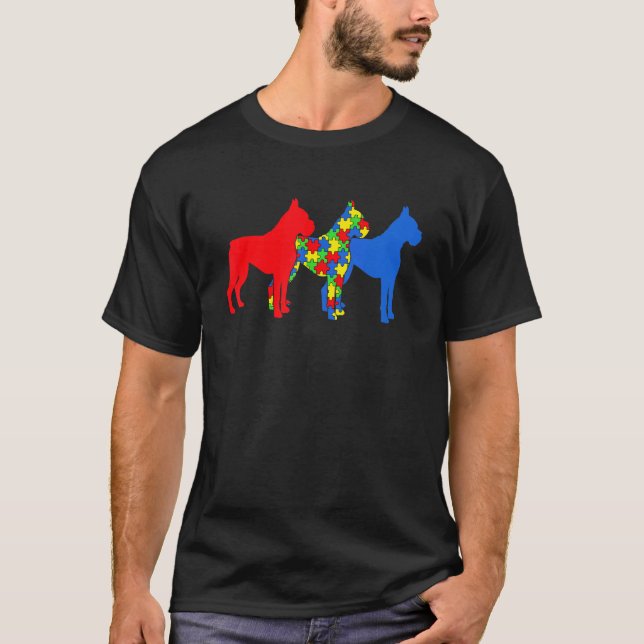 Camiseta Caixa de Autismo Cachorro Boxer Conscientização do (Frente)