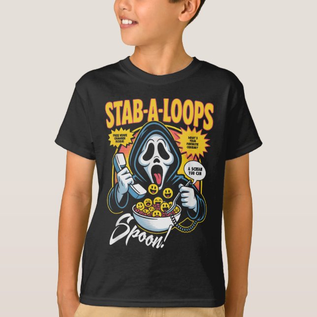 Camiseta Caixa de Cereal de Terror Stab-a-loops Halloween  (Frente)