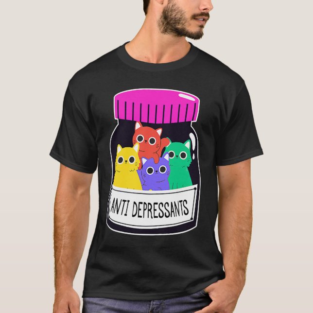 Camiseta Caixa de comprimidos antidepressivos com gatos Ant (Frente)