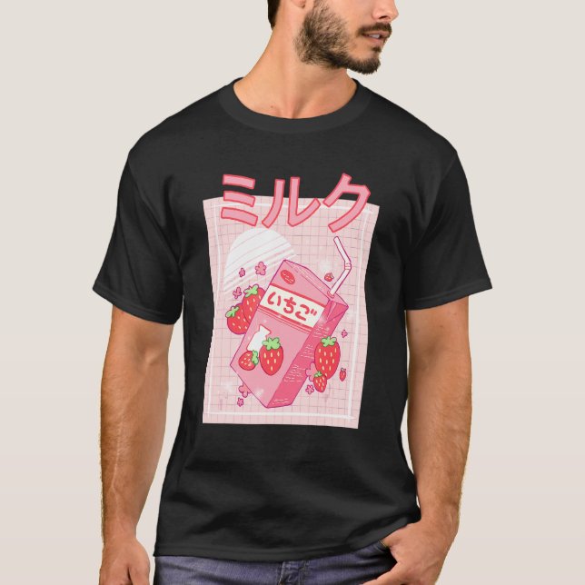Camiseta Caixa de Milk Shake de Morango Rosa Retro Japonês  (Frente)