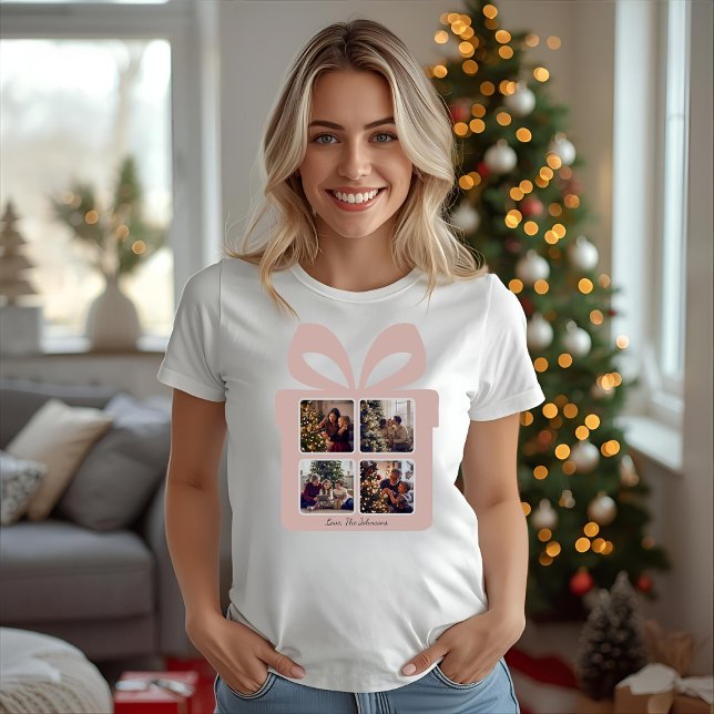 Camiseta Caixa de Presente de Foto de Natal Rosa Moderna Pe (Criador carregado)