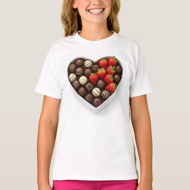 Camiseta Caixa em forma de coração cheia de chocolates gour (Frente)