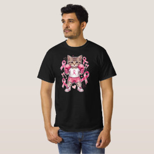 Camiseta Caixa Fofa de Gatinho Laço Rosa Câncer de Mama