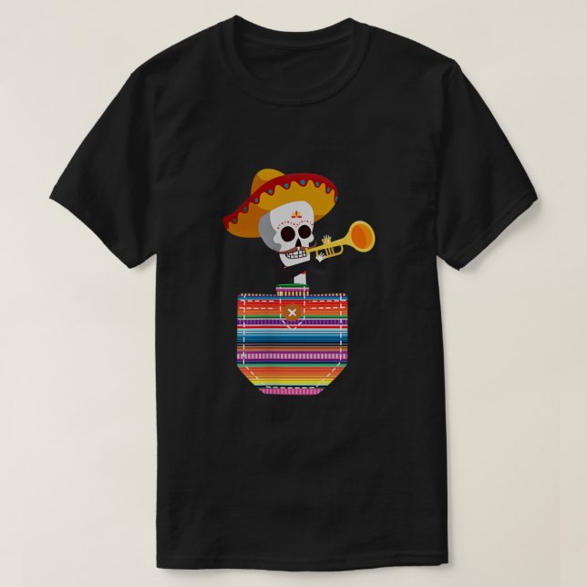 Camiseta Calaca Blanket Pocket Serape Mexicana Fiesta Cinco (Frente do Design)