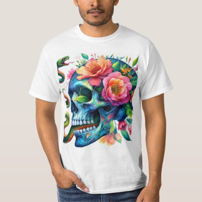 Camiseta Calavera azul con flores y serpiente, acuarela (Frente)