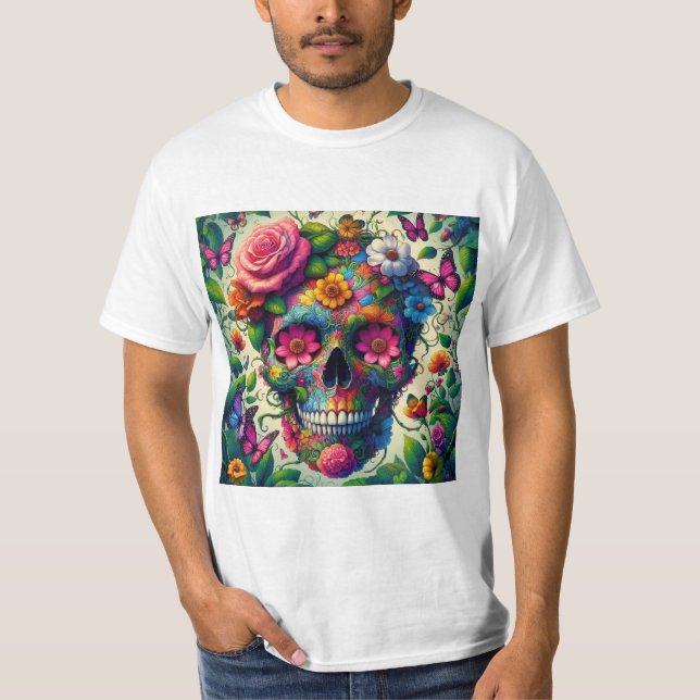 Camiseta Calavera Azul Floral: Estilo Vibrante (Frente)