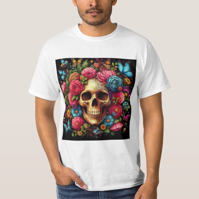 Camiseta Calavera Floral: Belleza en el Más Allá (Frente)