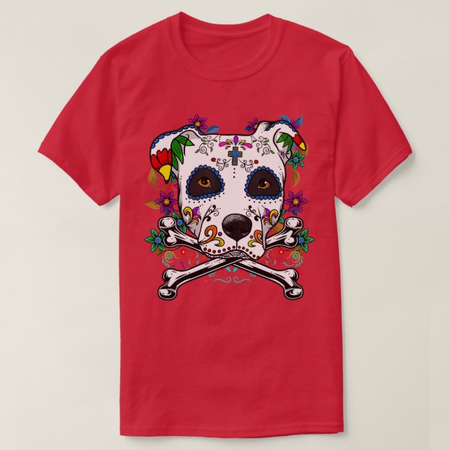 Camiseta Calavera Pitbull Terrier Dog Dia de Muertos Hallow (Frente do Design)