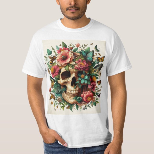 Camiseta Calavera y Flores - Diseño Floral Colorido (Frente)