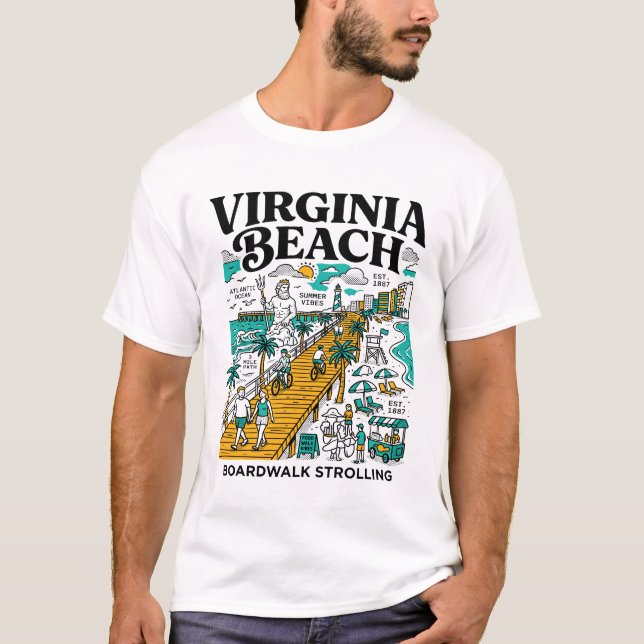 Camiseta Calçada de Virginia Beach com Oceano e Pier (Frente)