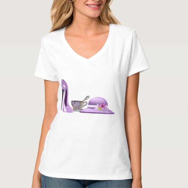 Camiseta Calçados do estilete do Lilac, chapéu e arte do (Frente)