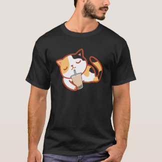 Camiseta Calico Cat Com Boba Kawaii Kitten Bubble Milk Tea