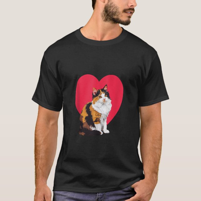 Camiseta Calico Cat Dia de os namorados Red Heart Love Mãe  (Frente)